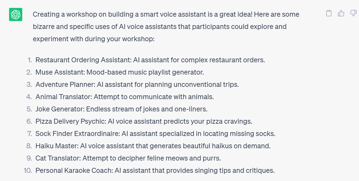 chatgpt response with ideas for projects
